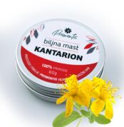Kutija promontisa na kojoj je modernim dizajnom napisan biljna mast,kantarion na beloj pozadini i ima crvene malo 100% prirodnih sastojaka dobar za lečenje rana, opekotina i akni