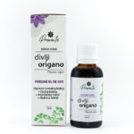 Prirodne divlji origano kapi u tamnoj bočici od 30 ml s belom kutijom ukrašenom ljubičastim cvetnim motivima. Deo Promonte serije, ove kapi origana s prirodnim ekstraktom pružaju podršku jačanju imuniteta. Na pakovanju je jasno istaknut naziv 'divlji origano' i njegova primena za normalno funkcionisanje imunog sistema, disajnih puteva i organa za varenje, uz zelene ilustracije biljke origana na ambalaži.